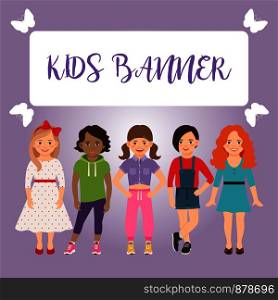Kids banner with girls on pink background, vector illustration. Kids banner with girls