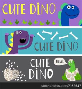 Kids banners template with cute cartoon dinos vector set. Dino prehistoric, born of small reptile monster illustration. Kids banners template with cute cartoon dinos vector set