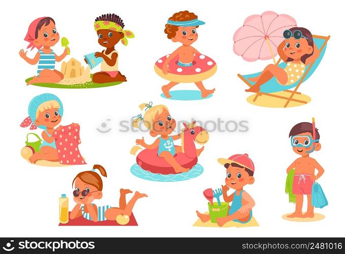 Kids beach. Happy little children in swimsuits. Cute boys and girls with color rubber rings and umbrella. Babies sunbathe in bikinis and build sand castle. Summer sea vacations. Vector activities set. Kids beach. Happy children in swimsuits. Cute boys and girls with rubber rings and umbrella. Babies sunbathe in bikinis and build sand castle. Summer sea vacations. Vector activities set