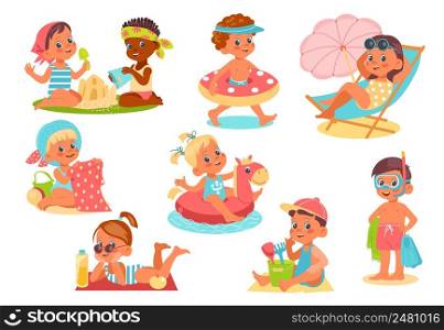 Kids beach. Happy little children in swimsuits. Cute boys and girls with color rubber rings and umbrella. Babies sunbathe in bikinis and build sand castle. Summer sea vacations. Vector activities set. Kids beach. Happy children in swimsuits. Cute boys and girls with rubber rings and umbrella. Babies sunbathe in bikinis and build sand castle. Summer sea vacations. Vector activities set