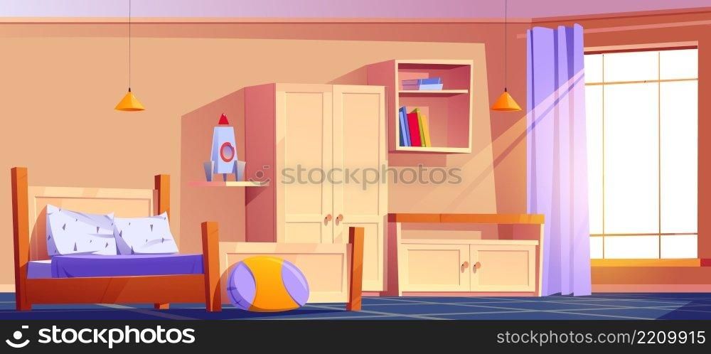 Kids bedroom, empty child room indoors interior with bed, pillow on rug, cupboard, rocket toy and books on shelves, wooden furniture and wide curtained window, cozy place Cartoon vector illustration. Kids bedroom, empty child room indoors interior