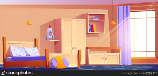 Kids bedroom, empty child room indoors interior with bed, pillow on rug, cupboard, rocket toy and books on shelves, wooden furniture and wide curtained window, cozy place Cartoon vector illustration. Kids bedroom, empty child room indoors interior