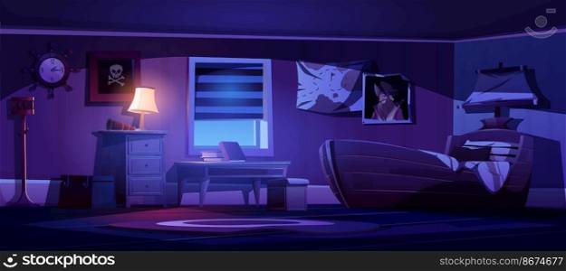 Kids bedroom interior in pirate thematic at night. Vector cartoon illustration of dark children room with ship bed, glowing l&, captain portrait, steering wheel clock and pirate flag on wall. Kids bedroom interior in pirate thematic at night