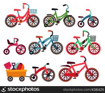 Kids bicycles vector set. Childrens bikes collection. Illustration of tricycle and kids bike. Kids bicycles vector set. Childrens bikes collection