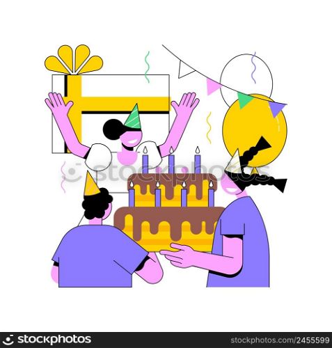 Kids birthday abstract concept vector illustration. Kids birthday party, party ideas, indoor spot, having fun, children celebration, clown on playground, parent rest, confetti abstract metaphor.. Kids birthday abstract concept vector illustration.