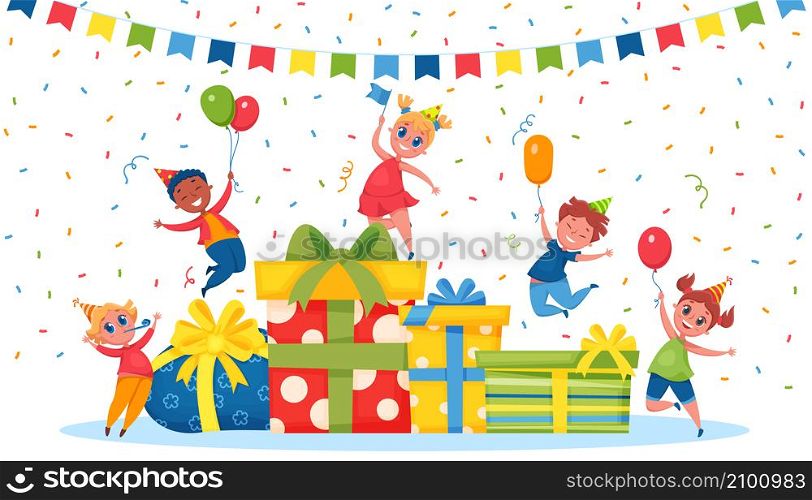 Kids birthday celebrations with pile gift boxes and balloon. Vector birthday party present, holiday surprise celebration illustration. Kids birthday celebrations with pile gift boxes and balloon
