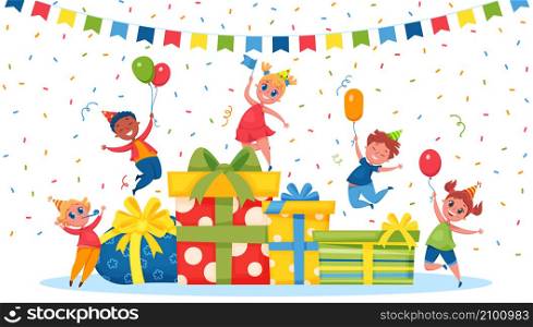 Kids birthday celebrations with pile gift boxes and balloon. Vector birthday party present, holiday surprise celebration illustration. Kids birthday celebrations with pile gift boxes and balloon