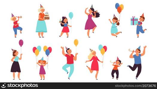 Kids birthday characters. Fun children, holiday cake and cartoon funny people. Isolated celebrating party with friends decent vector persons set. Illustration birthday holiday, happy and cheerful. Kids birthday characters. Fun children, holiday cake and cartoon funny people. Isolated celebrating party with friends decent vector persons set