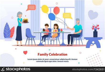 Kids Birthday Family Celebration Cartoon Poster. Grandparents Greeting Grandchildren with Holiday. Grandma Carrying Cake and Grandpa Holding Balloons. Happy Children at Table. Vector Illustration. Kids Birthday Family Celebration Cartoon Poster