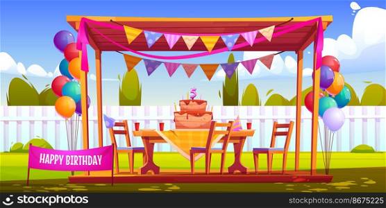 Kids birthday party decoration on backyard, festive cake with five years old candle, hats, balloons bunches and garlands at summer wooden house on green lawn front of fence Cartoon vector illustration. Kids birthday party decoration on house backyard