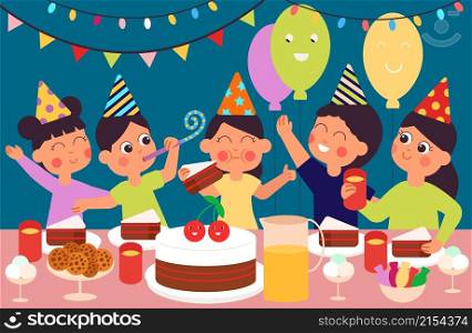 Kids birthday party. Happy cute children, toddlers eating sweets desserts. Cartoon characters sitting at table, festive lunch or dinner vector concept. Illustration of childhood birthday celebration. Kids birthday party. Happy cute children, toddlers eating sweets desserts. Cartoon characters sitting at table, festive lunch or dinner decent vector concept