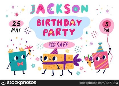 Kids birthday party poster. Baby holiday invitation with funny gift boxes. Happy presents characters. Cartoon hand drawn elements. Greeting card with anniversary celebration event date. Vector concept. Kids birthday party poster. Holiday invitation with funny gift boxes. Presents characters. Cartoon hand drawn elements. Greeting card with anniversary celebration event date. Vector concept