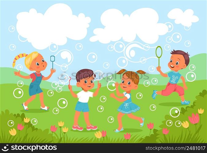 Kids blow bubbles. Happy carefree childhood. Cute boys and girls blowing soap spheres on green grass. Flying foam balls. Cheerful children playing in lawn. Outdoor summer activities. Vector concept. Kids blow bubbles. Happy carefree childhood. Boys and girls blowing soap spheres on green grass. Flying foam balls. Cheerful children playing in lawn. Outdoor activities. Vector concept