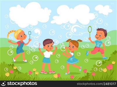Kids blow bubbles. Happy carefree childhood. Cute boys and girls blowing soap spheres on green grass. Flying foam balls. Cheerful children playing in lawn. Outdoor summer activities. Vector concept. Kids blow bubbles. Happy carefree childhood. Boys and girls blowing soap spheres on green grass. Flying foam balls. Cheerful children playing in lawn. Outdoor activities. Vector concept