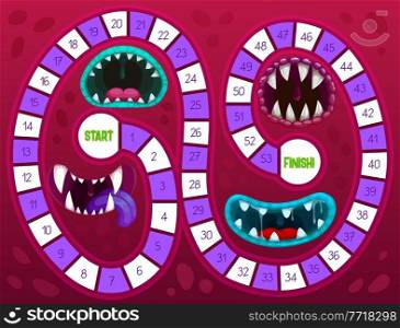 Kids boardgame with monsters toothed maw. Children roll and move game template, child Halloween playing activity. Spooky creatures, vampire or ghoul cartoon vector mouths with fangs, tongue and saliva. Kids boardgame with Halloween monster toothed maws