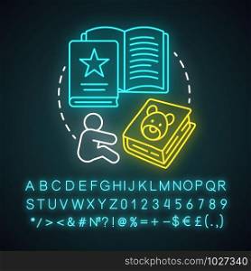 Kids books neon light concept icon. Childrens literature idea. Fairy tales, picture books, child poems. Glowing sign with alphabet, numbers and symbols. Vector isolated illustration