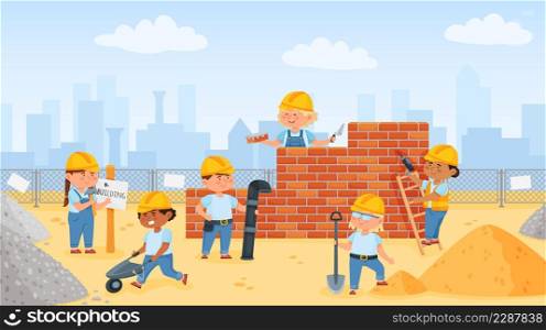 Kids building house together, little builders with construction tools. Cartoon children laying bricks, pushing wheelbarrow vector illustration. Construction worker with instruments. Kids building house together, little builders with construction tools. Cartoon children laying bricks, pushing wheelbarrow vector illustration