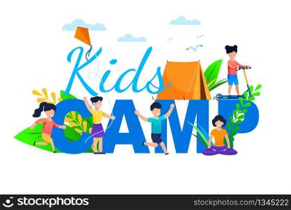 Kids Camp. Children Summer Holidays Leisure Vector Illustration. Happy Girl and Boy Play Games, Outdoors Recreation. Nature Exploration Tourism Camping Scout. Sport Activity Picnic Fun. Kids Camp. Happy Children Summer Holidays Leisure