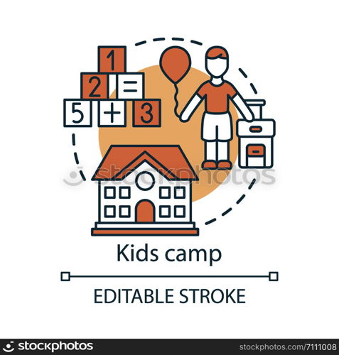 Kids camp concept icon. Summer children club, community idea thin line illustration. Child holiday resort. Educational after school facility. Vector isolated outline drawing. Editable stroke