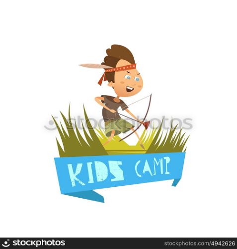 Kids Camp Concept . Kids camp cartoon concept with hiking and archery symbols vector illustration