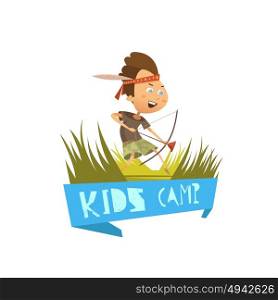 Kids Camp Concept . Kids camp cartoon concept with hiking and archery symbols vector illustration