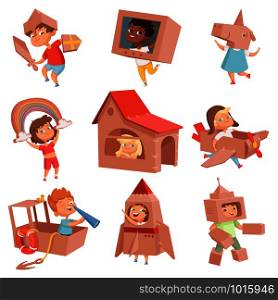 Kids cardboard costumes. Children playing in active games with paper box making house car and airplane vector characters. Cardboard box costume, robot and helmet illustration. Kids cardboard costumes. Children playing in active games with paper box making house car and airplane vector characters