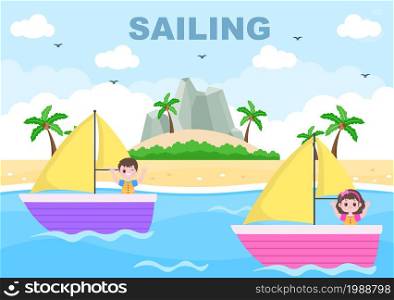 Kids Cartoon Sailing Boat with Sea or Lake View Background Vector Illustration. Summer Time for Leisure, Sports Activity and Recreation Outdoors Lifestyle
