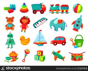 Kids cartoon toys. Baby doll, train on railway, ball, cars, boat, boys and girls fun plastic toy vector collection isolated on white. Kids cartoon toys. Baby doll, train on railway, ball, cars, boat, boys and girls fun isolated plastic toy vector collection