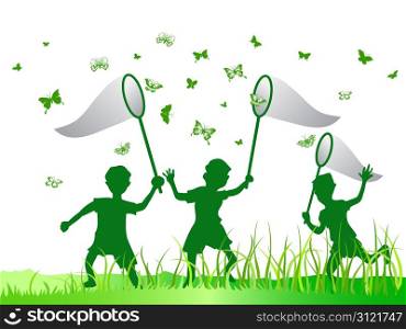 kids catching butterfly in green color