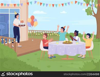 Kids celebrating birthday flat color vector illustration. Birthday cake and helium balloons. Summertime event. 2D simple cartoon children partying with decorated backyard on background. Kids celebrating birthday flat color vector illustration