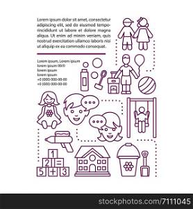 Kids, children camp, after school activity article page vector template. Brochure, magazine, booklet design element with linear icons and text boxes. Print design. Concept illustrations with text space