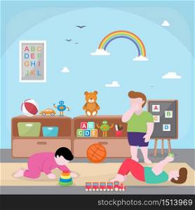 Kids Children Learning by Playing Education Toys Kindergarten Flat Illustration