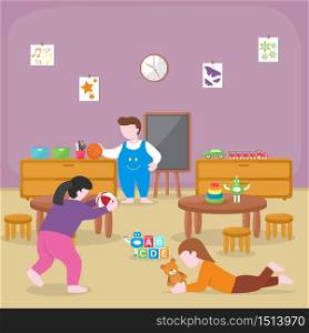 Kids Children Learning by Playing Education Toys Kindergarten Flat Illustration