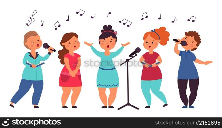 Kids choir. Cute singing kid, vocal art girl singer. Cartoon musical children concert, song show. Isolated music band vector characters. Illustration performance singer girl, celebration and education. Kids choir. Cute singing kid, vocal art girl singer. Cartoon musical children concert, song show. Isolated music band decent vector characters
