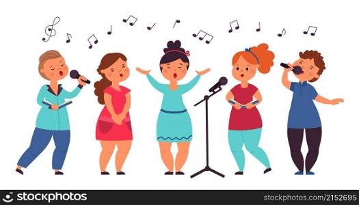 Kids choir. Cute singing kid, vocal art girl singer. Cartoon musical children concert, song show. Isolated music band vector characters. Illustration performance singer girl, celebration and education. Kids choir. Cute singing kid, vocal art girl singer. Cartoon musical children concert, song show. Isolated music band decent vector characters