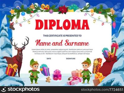 Kids Christmas diploma, kindergarten certificate. Child graduation diploma, party invitation template. Holiday gifts, elfs and reindeer, Christmas tree ornaments, poinsettia and sweets cartoon vector. Kids Christmas diploma, kindergarten certificate