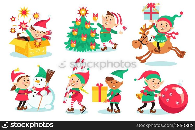 Kids christmas elves. Children in holiday costumes, happy little Santa helpers, fantasy people with gifts, new year creatures kid cartoon vector set. Kids christmas elves. Children in holiday costumes, happy little Santa helpers, fantasy people with gifts, new year creatures, vector set