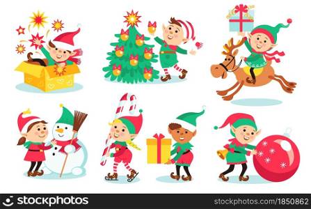 Kids christmas elves. Children in holiday costumes, happy little Santa helpers, fantasy people with gifts, new year creatures kid cartoon vector set. Kids christmas elves. Children in holiday costumes, happy little Santa helpers, fantasy people with gifts, new year creatures, vector set