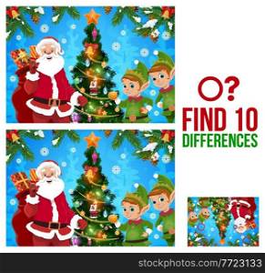 Kids Christmas find ten differences game with Santa, elfs and decorated Christmas tree cartoon vector. Children winter holiday activity, educational riddle or puzzle with comparing details task. Christmas find ten differences game template