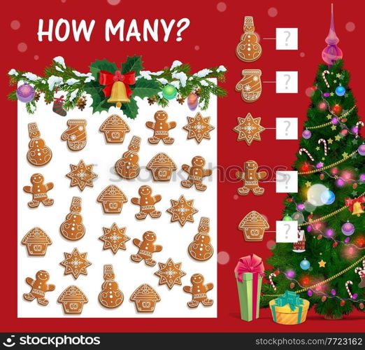 Kids Christmas how many counting game with gingerbread cookies. Man, house and snowman shape gingerbread cookie, gifts boxes and decorated Christmas tree cartoon vector. Child winter holiday math maze. Kids game counting with Christmas cookies vector