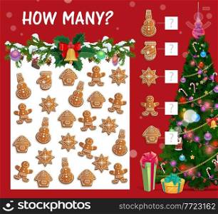 Kids Christmas how many counting game with gingerbread cookies. Man, house and snowman shape gingerbread cookie, gifts boxes and decorated Christmas tree cartoon vector. Child winter holiday math maze. Kids game counting with Christmas cookies vector