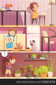 Kids Cleaning Cartoon Banners Set. Kids feeding pets watering plants and cleaning rooms 3 horizontal retro cartoon banners set isolated vector illustration