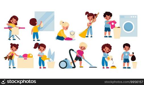 Kids cleaning home. Children housework activity. Girls and boys clean apartment, washing clothes, garbage taking, watering plants, vacuuming and sweeping floor. Housekeeping chores vector cartoon set. Kids cleaning home. Children housework activity. Girls and boys washing clothes, garbage taking, watering plants, vacuuming and sweeping floor. Housekeeping chores vector cartoon set