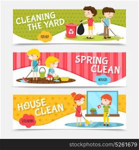 Kids Cleaning Horizontal Banners. Colorful horizontal banners set with kids cleaning house and yard cartoon isolated vector illustration