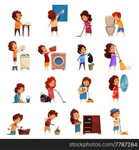 Kids cleaning retro cartoon icons set with children vacuum sweeping washing dishes feeding pets isolated vector illustration . Kids Cleaning Cartoon Icons Set