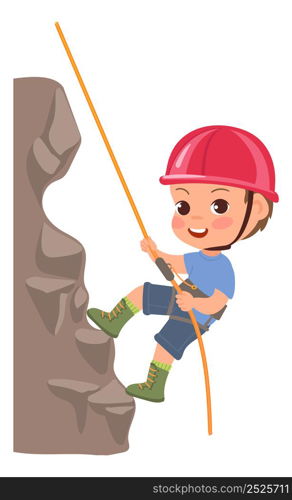 Kids climbing rock. Children sport activity. Teenager clambering sheer cliff with mountaineering equipment. Extreme hiking tourism. Active hobby. Young mountaineer with rope or helmet. Vector alpinism. Kids climbing rock. Children sport activity. Teenager clambering cliff with mountaineering equipment. Extreme hiking tourism. Active hobby. Mountaineer with rope or helmet. Vector alpinism