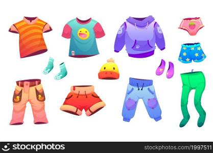 Kids clothes, cute baby fashion, t-shirts, pants and hoodie with shorts and tights, hat, panties and socks for little boys and girls, Cartoon collection of children wear vector, illustration, clip art. Kids clothes, cute baby fashion cartoon collection