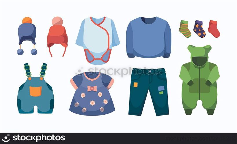 Kids clothes. Fashioned colored pants boots socks dress hats garish vector various casual clothes. Illustration of clothes and dress, baby garment. Kids clothes. Fashioned colored pants boots socks dress hats garish vector various casual clothes