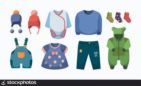 Kids clothes. Fashioned colored pants boots socks dress hats garish vector various casual clothes. Illustration of clothes and dress, baby garment. Kids clothes. Fashioned colored pants boots socks dress hats garish vector various casual clothes