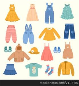 Kids clothes. Modern casual fashioned stylish textile pants jackets shirts sweater for children recent vector illustrations in flat style. Fashion clothing and garment for baby. Kids clothes. Modern casual fashioned stylish textile pants jackets shirts sweater for children recent vector illustrations in flat style